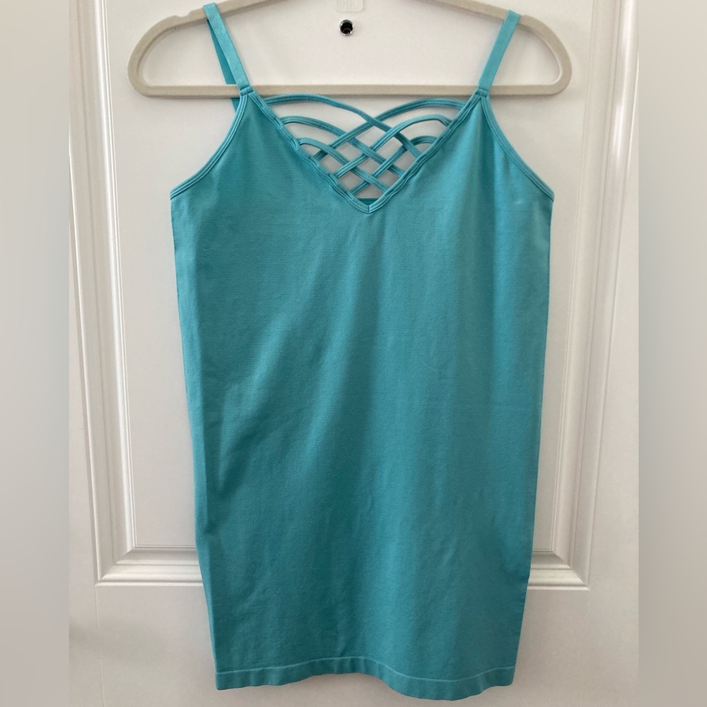 Zenana Women’s Plus Criss Cross V-neck Front Camisole Tank Dusty Teal Size 1X/2X